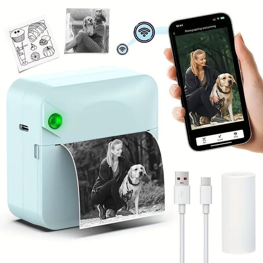 (Blueï¼Inkless Sticker Printer Mini Thermal Printer with Roll Thermal Paper, Wireless Pocket Printer, Smart Portable Receipt Printer for Photos, Diaries, Notes, and Preparation Work..