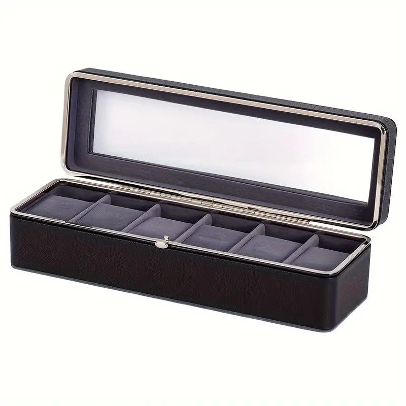 Luxury transparent-lid watch box with 6 fabric-lined compartments, portable and shockproof design, suitable for both men and women. Ideal for home, travel, or gifting—a refined storage solution for fine watches and jewelry. (White)