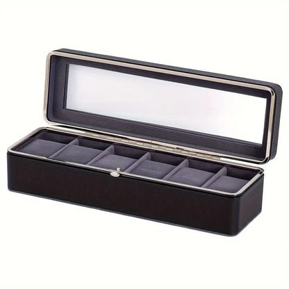 Luxury transparent-lid watch box with 6 fabric-lined compartments, portable and shockproof design, suitable for both men and women. Ideal for home, travel, or gifting—a refined storage solution for fine watches and jewelry. (White)