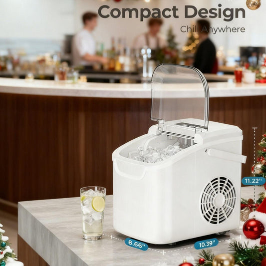 WHITE Desktop Ice Maker, Produces Ice in 6 Minutes with a Capacity of 26 Pounds, Energy-Saving 30% and Operating Noise Below 40 Decibels, Portable Ice Maker with Built-in Ice Basket, Suitable for Home and Camping..