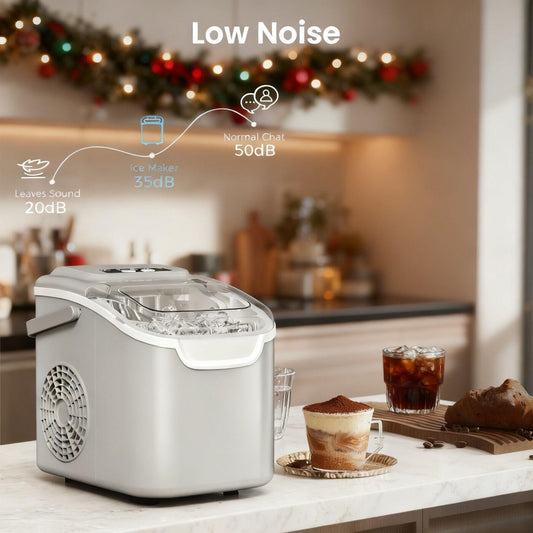 Desktop Ice Maker, Produces Ice in 6 Minutes with a Capacity of 26 Pounds, Energy-Saving 30% and Operating Noise Below 40 Decibels, Portable Ice Maker with Built-in Ice Basket, Suitable for Home and Camping.(GREY).