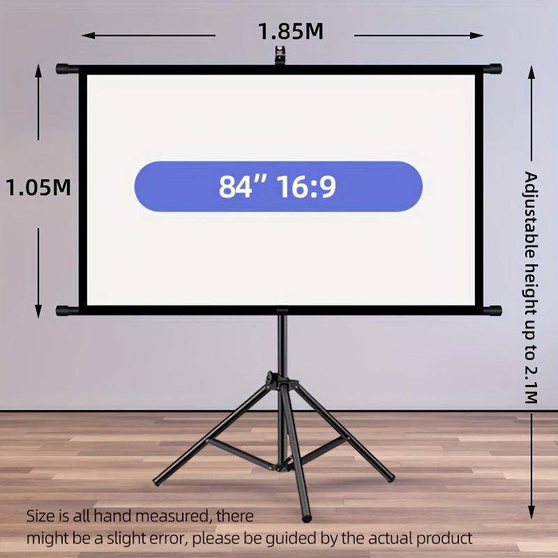 84inPortable and mobile projection screen with tripod stand, 16:9 HD format, suitable for home theater and indoor wall mounting. Made of polyester fabric, easy to set up and use. Ideal for office presentations and home entertainment, ready to use right ou.