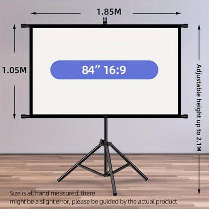 84inPortable and mobile projection screen with tripod stand, 16:9 HD format, suitable for home theater and indoor wall mounting. Made of polyester fabric, easy to set up and use. Ideal for office presentations and home entertainment, ready to use right ou.