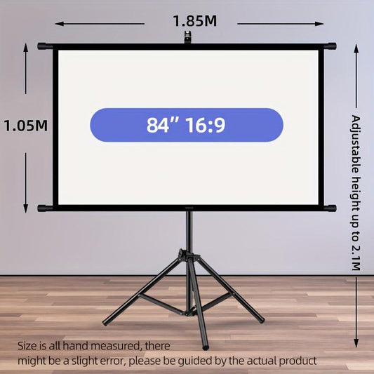 84inPortable and mobile projection screen with tripod stand, 16:9 HD format, suitable for home theater and indoor wall mounting. Made of polyester fabric, easy to set up and use. Ideal for office presentations and home entertainment, ready to use right ou.