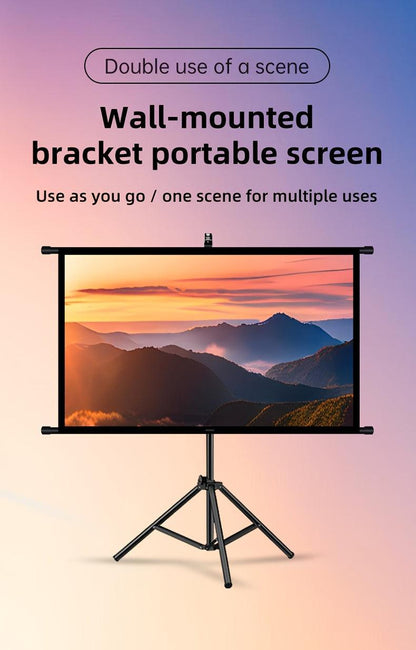 84inPortable and mobile projection screen with tripod stand, 16:9 HD format, suitable for home theater and indoor wall mounting. Made of polyester fabric, easy to set up and use. Ideal for office presentations and home entertainment, ready to use right ou.