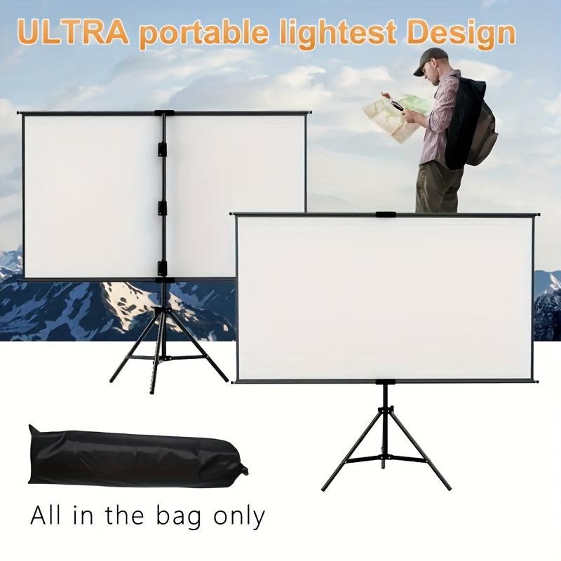 84inPortable and mobile projection screen with tripod stand, 16:9 HD format, suitable for home theater and indoor wall mounting. Made of polyester fabric, easy to set up and use. Ideal for office presentations and home entertainment, ready to use right ou.