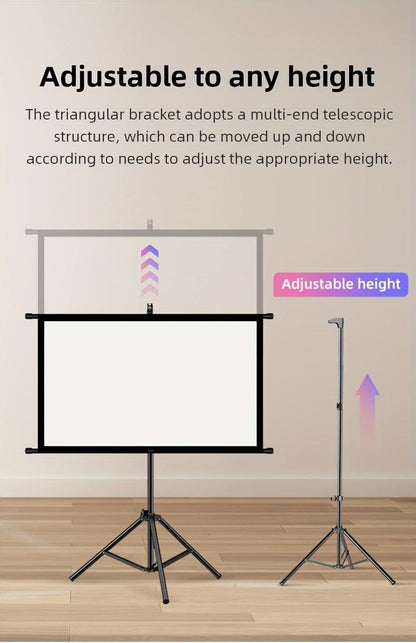 84inPortable and mobile projection screen with tripod stand, 16:9 HD format, suitable for home theater and indoor wall mounting. Made of polyester fabric, easy to set up and use. Ideal for office presentations and home entertainment, ready to use right ou.