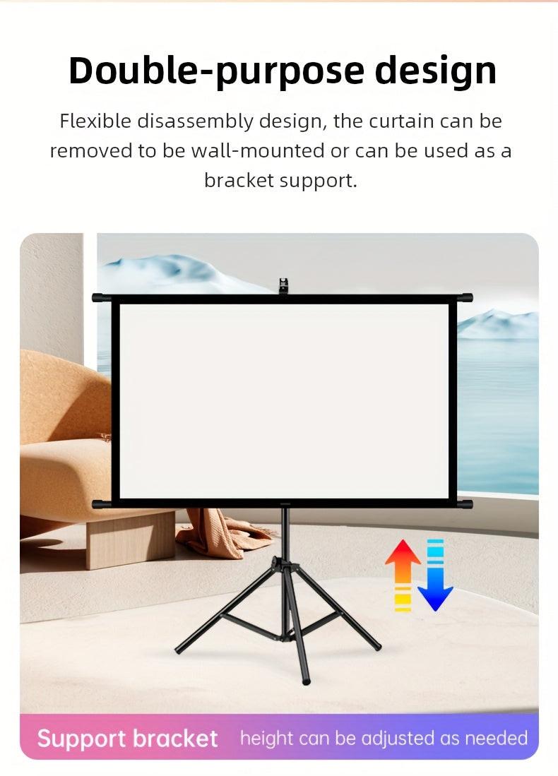 84inPortable and mobile projection screen with tripod stand, 16:9 HD format, suitable for home theater and indoor wall mounting. Made of polyester fabric, easy to set up and use. Ideal for office presentations and home entertainment, ready to use right ou.