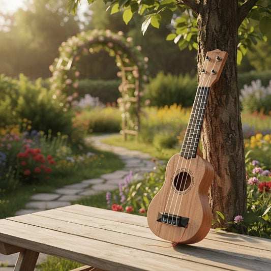 Wood color 17-inch Playable Ukulele Mini Guitar, lightweight and portable. Features comfortable nylon strings, includes a pick, and has open-style tuning pegs for precise tuning. Suitable for beginners and music enthusiasts, a popular gift choice for holi.