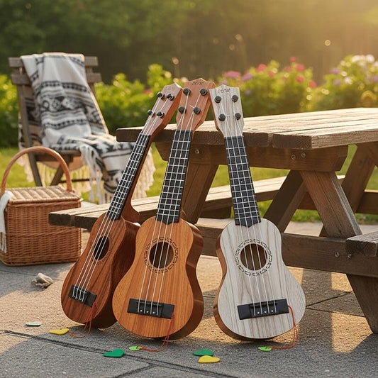 Wood color 17-inch Playable Ukulele Mini Guitar, lightweight and portable. Features comfortable nylon strings, includes a pick, and has open-style tuning pegs for precise tuning. Suitable for beginners and music enthusiasts, a popular gift choice for holi.