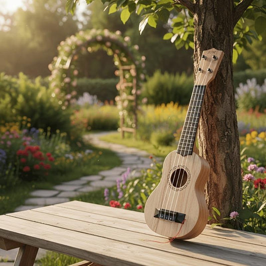 Acacia wood 17-inch Playable Ukulele Mini Guitar, lightweight and portable. Features comfortable nylon strings, includes a pick, and has open-style tuning pegs for precise tuning. Suitable for beginners and music enthusiasts, a popular gift choice for hol.