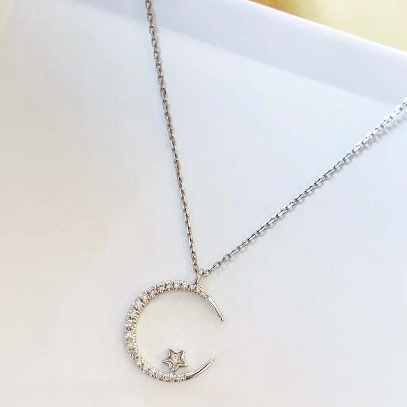 silver"Crescent and Stars" Crystal Necklace: Weaving the Galaxy into a Chain, Crafting a Flowing Dazzling Starry Sky Around Your Neck