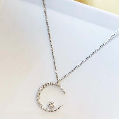 silver"Crescent and Stars" Crystal Necklace: Weaving the Galaxy into a Chain, Crafting a Flowing Dazzling Starry Sky Around Your Neck