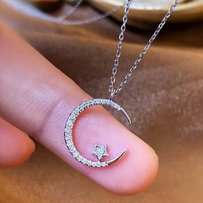 silver"Crescent and Stars" Crystal Necklace: Weaving the Galaxy into a Chain, Crafting a Flowing Dazzling Starry Sky Around Your Neck