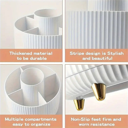360° Rotating Multi-Compartment Makeup Brush Holder: Luxurious Vertical Texture with Golden Feet Design, Scientifically Organized Storage, One Cylinder to Tidy Your Vanity Table.