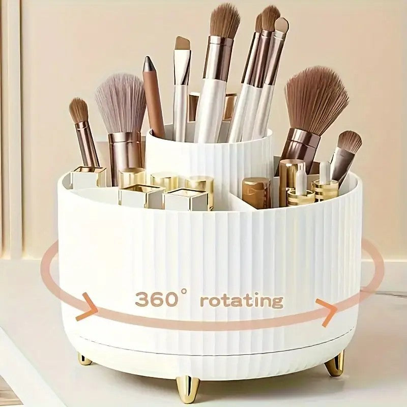 360° Rotating Multi-Compartment Makeup Brush Holder: Luxurious Vertical Texture with Golden Feet Design, Scientifically Organized Storage, One Cylinder to Tidy Your Vanity Table.
