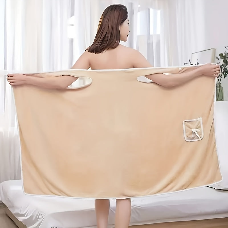 1-Piece Bath Towel with Pocket, Wearable Bath Towel, Bathroom Shower Supply, Can be Used as Robe, Nightgown, Sexy Strap Dress, Blanket, Indoor/Outdoor Fitness Sauna Shawl, Easy to Carry, Machine Washable（ khaki）