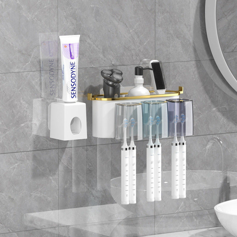 4-in-1 White( two persons) Wall-Mounted Toothbrush Holder | Toothbrush Storage/Toothpaste Dispenser/Storage Shelf/Anti-Mildew Drainage - Bathroom Organization Upgrade