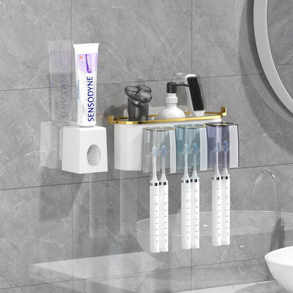 4-in-1 White( two persons) Wall-Mounted Toothbrush Holder | Toothbrush Storage/Toothpaste Dispenser/Storage Shelf/Anti-Mildew Drainage - Bathroom Organization Upgrade