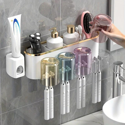 4-in-1 White( two persons) Wall-Mounted Toothbrush Holder | Toothbrush Storage/Toothpaste Dispenser/Storage Shelf/Anti-Mildew Drainage - Bathroom Organization Upgrade