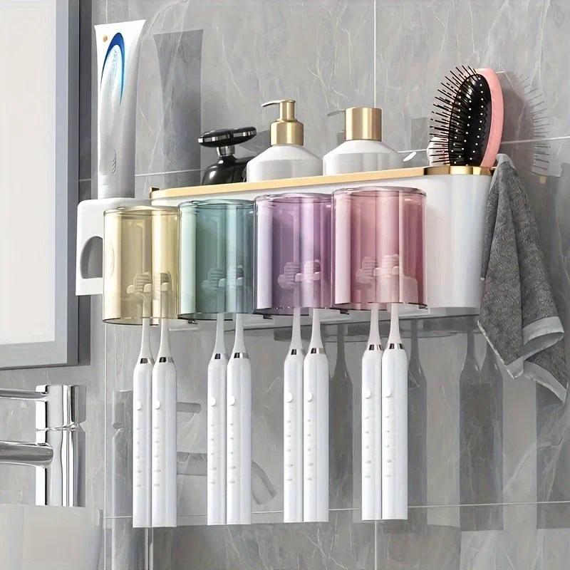 4-in-1 White( two persons) Wall-Mounted Toothbrush Holder | Toothbrush Storage/Toothpaste Dispenser/Storage Shelf/Anti-Mildew Drainage - Bathroom Organization Upgrade