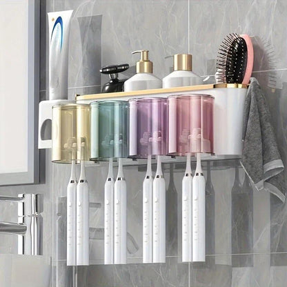 4-in-1 White( two persons) Wall-Mounted Toothbrush Holder | Toothbrush Storage/Toothpaste Dispenser/Storage Shelf/Anti-Mildew Drainage - Bathroom Organization Upgrade
