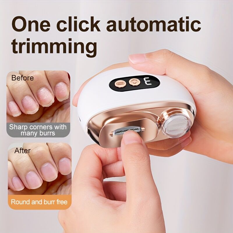Smart Electric Nail Clipper 2-in-1 Polishing & Grooming Tool, USB Rechargeable, 500mAh Li-Polymer Battery. Features Anti-Cut Protection, Grinding, and Illumination. Suitable for Nail Trimming, Filing, Polishing, and Shaping. （white)
