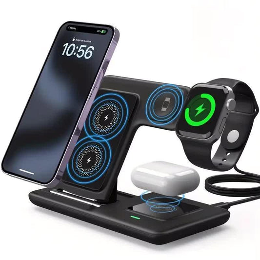 Multi-device 3-in-1 Foldable Wireless Charging Station | iWatch Series 9 8 7 6 SE 5 4 3 2, Ultra Airpods Pro 3 2, iPhone 17/16/15/14/13/12/11 Rapid Charging Stand - Magnetic Connector, USB Power Supply.