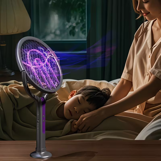 2-in-1 foldable and extendable electric mosquito swatter and purple insect lamp rechargeable fly swatter - USB-powered extendable pole, suitable for indoor, office, backyard, camping - portable mosquito killer, modern aesthetics, durable structure.