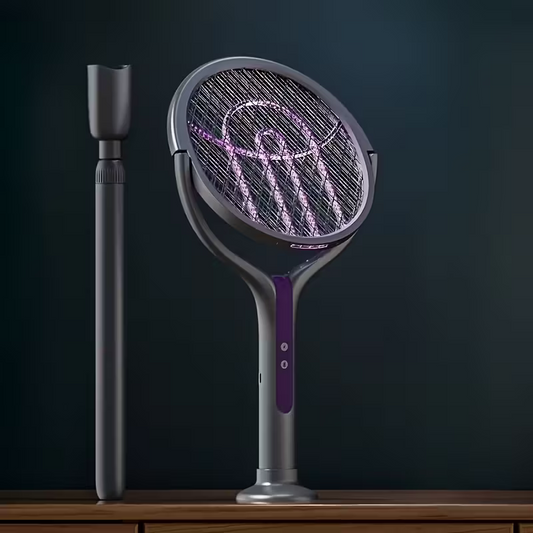 2-in-1 foldable and extendable electric mosquito swatter and purple insect lamp rechargeable fly swatter - USB-powered extendable pole, suitable for indoor, office, backyard, camping - portable mosquito killer, modern aesthetics, durable structure.