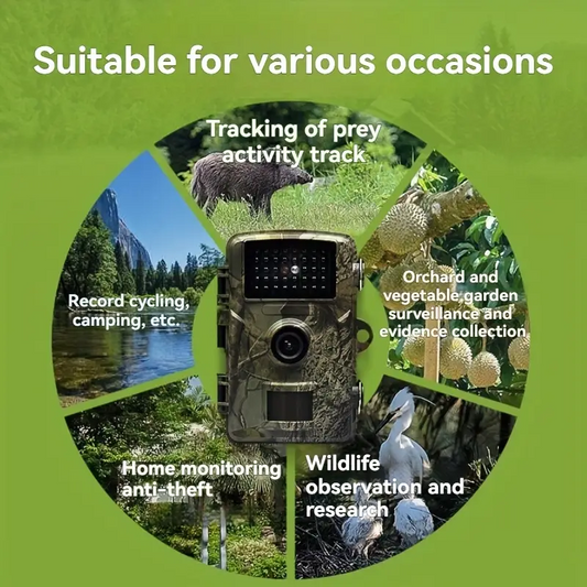 Hiking and hunting camera with night vision function, high-definition, 0.8s trigger, 120 Â° wide-angle lens, used for outdoor camping, wildlife monitoring, home security monitoring, orchard monitoring (battery not included).