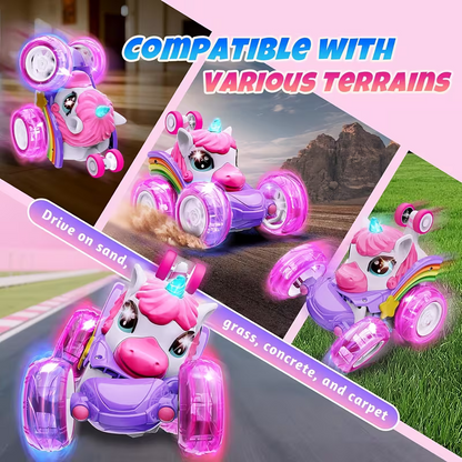 Unicorn remote control car for girls, 360Â° rotating four-wheel drive stunt remote control car with cute lights, rechargeable toy - children's birthday gift.