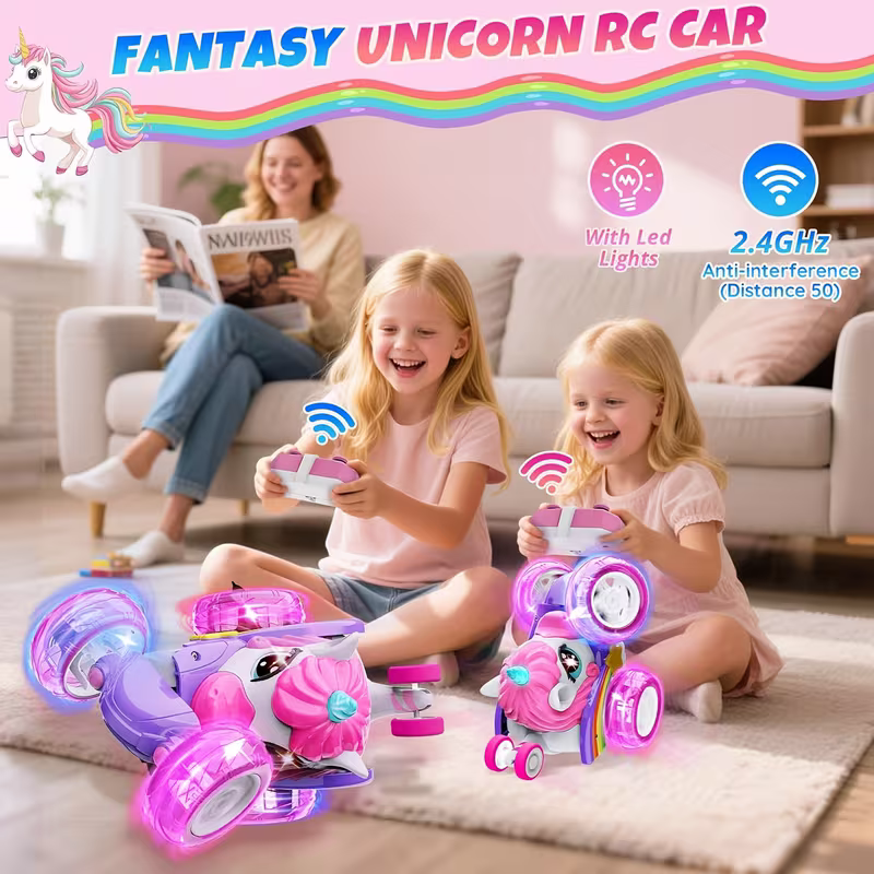 Unicorn remote control car for girls, 360Â° rotating four-wheel drive stunt remote control car with cute lights, rechargeable toy - children's birthday gift.
