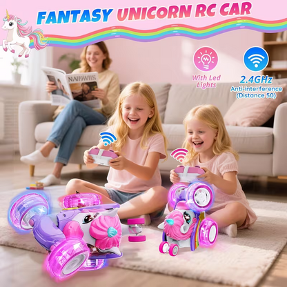 Unicorn remote control car for girls, 360Â° rotating four-wheel drive stunt remote control car with cute lights, rechargeable toy - children's birthday gift.