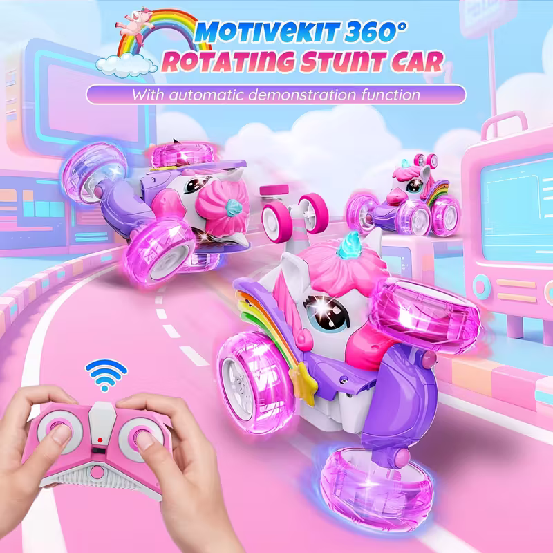 Unicorn remote control car for girls, 360Â° rotating four-wheel drive stunt remote control car with cute lights, rechargeable toy - children's birthday gift.