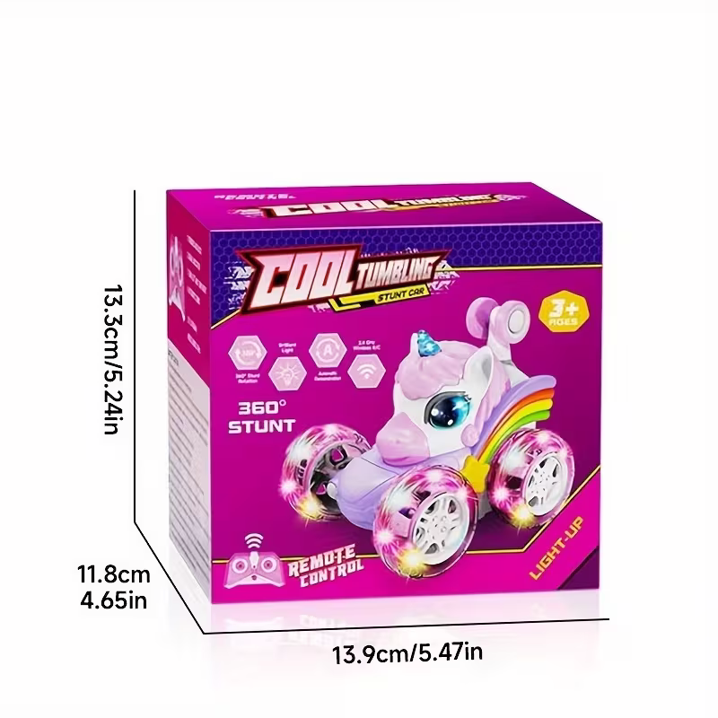 Unicorn remote control car for girls, 360Â° rotating four-wheel drive stunt remote control car with cute lights, rechargeable toy - children's birthday gift.
