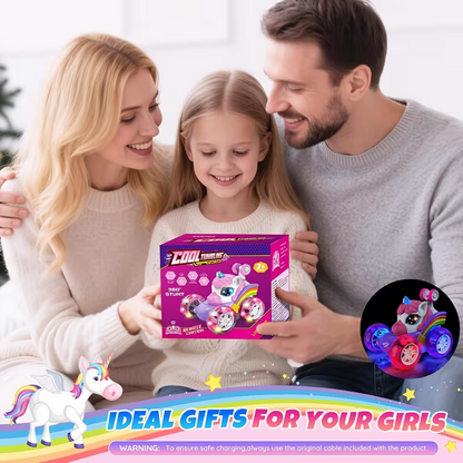 Unicorn remote control car for girls, 360Â° rotating four-wheel drive stunt remote control car with cute lights, rechargeable toy - children's birthday gift.