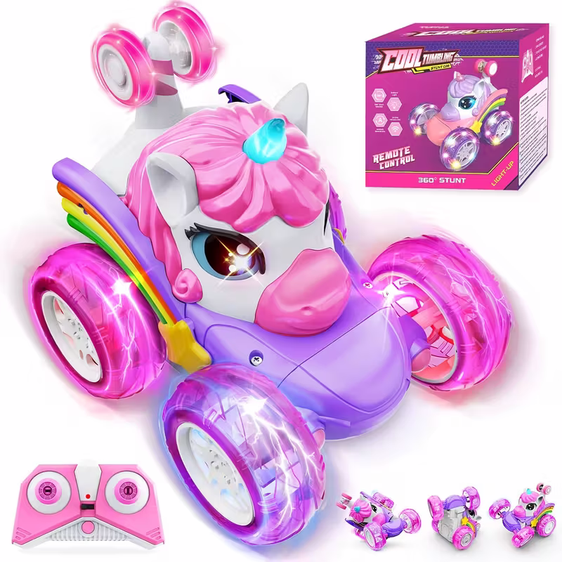 Unicorn remote control car for girls, 360Â° rotating four-wheel drive stunt remote control car with cute lights, rechargeable toy - children's birthday gift.