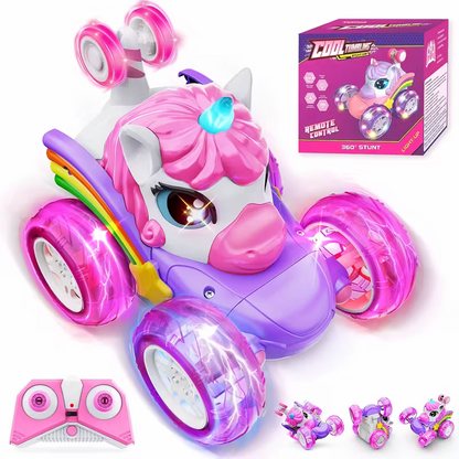 Unicorn remote control car for girls, 360Â° rotating four-wheel drive stunt remote control car with cute lights, rechargeable toy - children's birthday gift.
