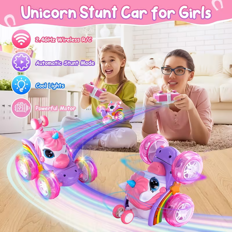 Unicorn remote control car for girls, 360Â° rotating four-wheel drive stunt remote control car with cute lights, rechargeable toy - children's birthday gift.