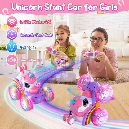 Unicorn remote control car for girls, 360Â° rotating four-wheel drive stunt remote control car with cute lights, rechargeable toy - children's birthday gift.