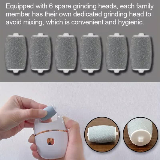 Rechargeable electric foot exfoliator with 6 replaceable heads for removing dead skin and polishing. Powered by USB. Smooth dual-color design (white and gold). Ergonomic handle for a comfortable user experience.