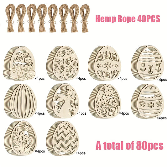80pcs Easter wooden colored eggs, blank wooden pieces hand-made colored eggs, (including 40 hemp ropes and 40 wooden pieces) blank hanging decorative hand-made labels, suitable for Easter spring DIY art handicraft decorations, Easter decorations (Easter f