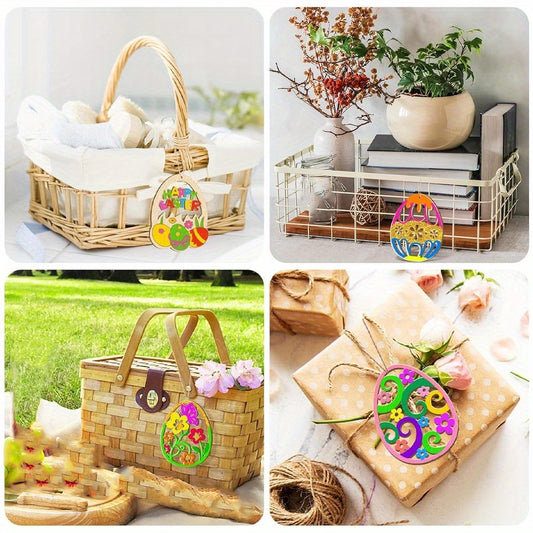 80pcs Easter wooden colored eggs, blank wooden pieces hand-made colored eggs, (including 40 hemp ropes and 40 wooden pieces) blank hanging decorative hand-made labels, suitable for Easter spring DIY art handicraft decorations, Easter decorations (Easter f