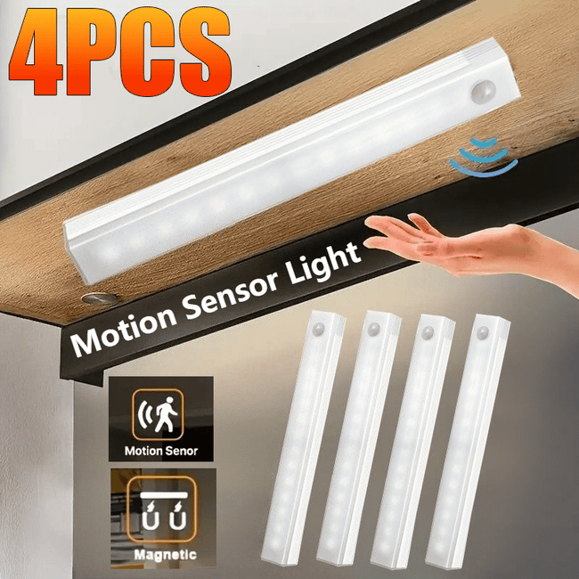 Four multi-size magnetic LED motion sensor lights (three colors adjustable), USB rechargeable cabinet light, LED motion sensor light strip, indoor motion sensor lighting for bedroom, kitchen, corridor, stairs, wardrobe, garage, bathroom - Home night light Hover Image