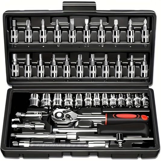 Basic automotive repair manual tool set, including a set of mechanical tools, including ratchet handle, extension pole, universal joint, slider, SAE and metric sockets, hex wrench, and plastic toolbox, excluding batteries. Uncharged manual tool set.