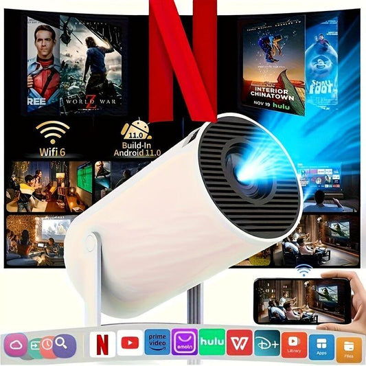 HY300 Pro mini portable projector, native 1280 * 720P support 4K / 350ANSI smart projector, with WiFi 6 BT 6.0, Screen adjustment, 180-degree rotation, home video projector with Android 11. 0 operating system built-in.