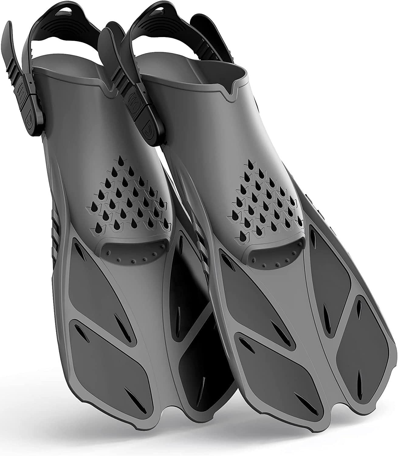 Gray Adjustable Open Heel Snorkel Fins, Travel-Size Short Swim Flippers for Snorkeling, Diving & Swimming, Adult Men & Womenï¼S/Mï¼.