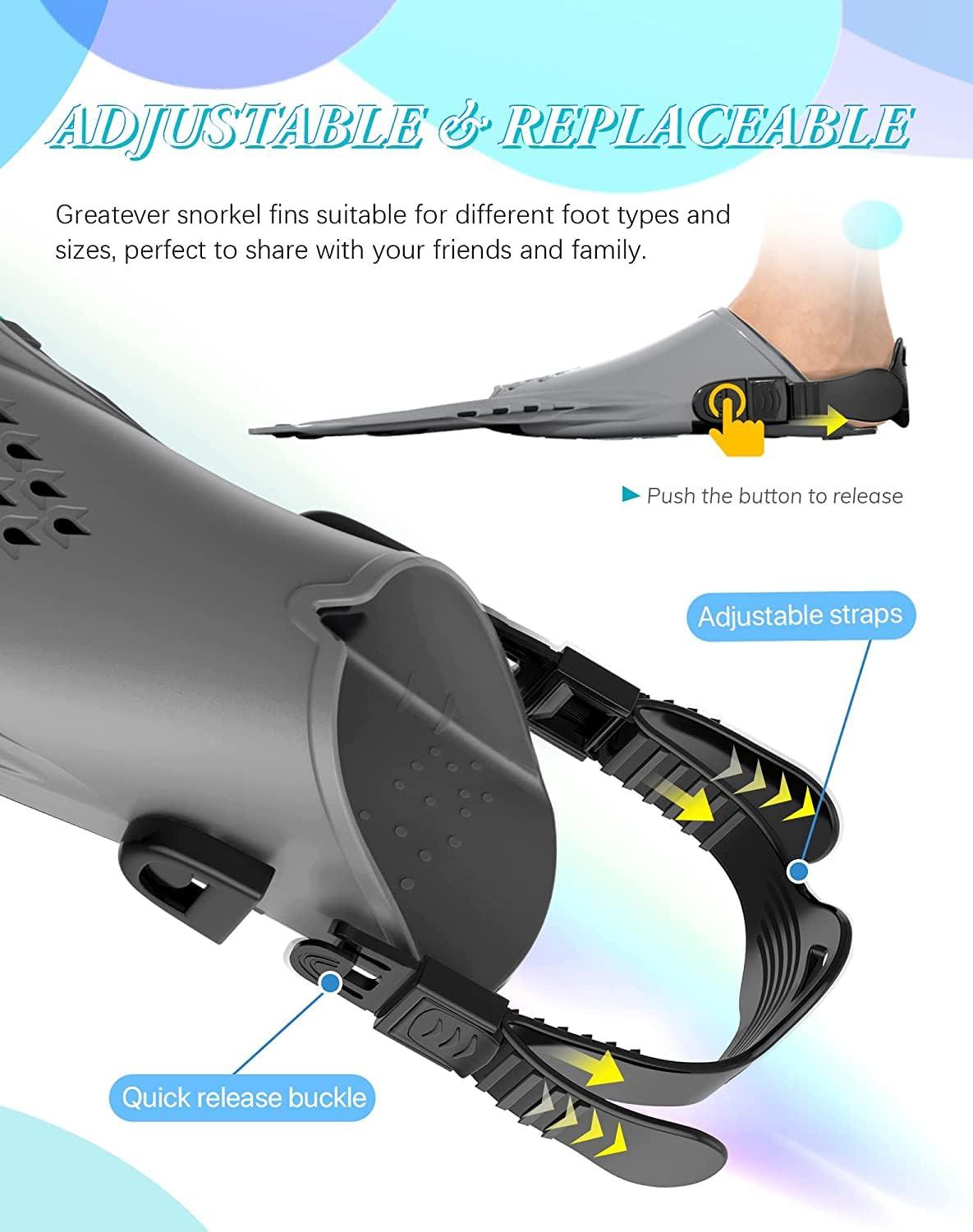 Gray Adjustable Open Heel Snorkel Fins, Travel-Size Short Swim Flippers for Snorkeling, Diving & Swimming, Adult Men & Womenï¼S/Mï¼.