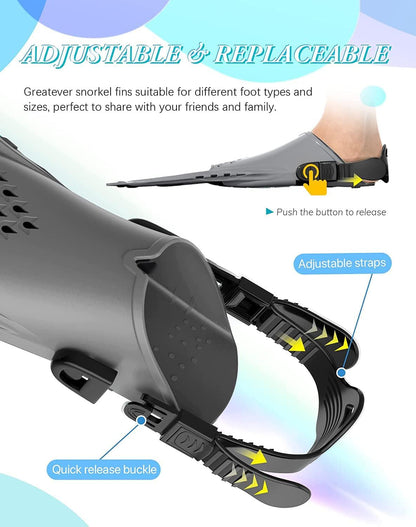 Gray Adjustable Open Heel Snorkel Fins, Travel-Size Short Swim Flippers for Snorkeling, Diving & Swimming, Adult Men & Womenï¼S/Mï¼.